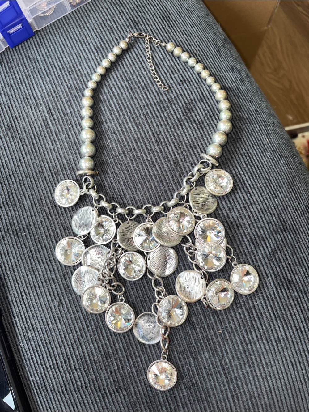 19-Vintage statement bib Silver Tone Crystal Fringe Statement Necklace - Women